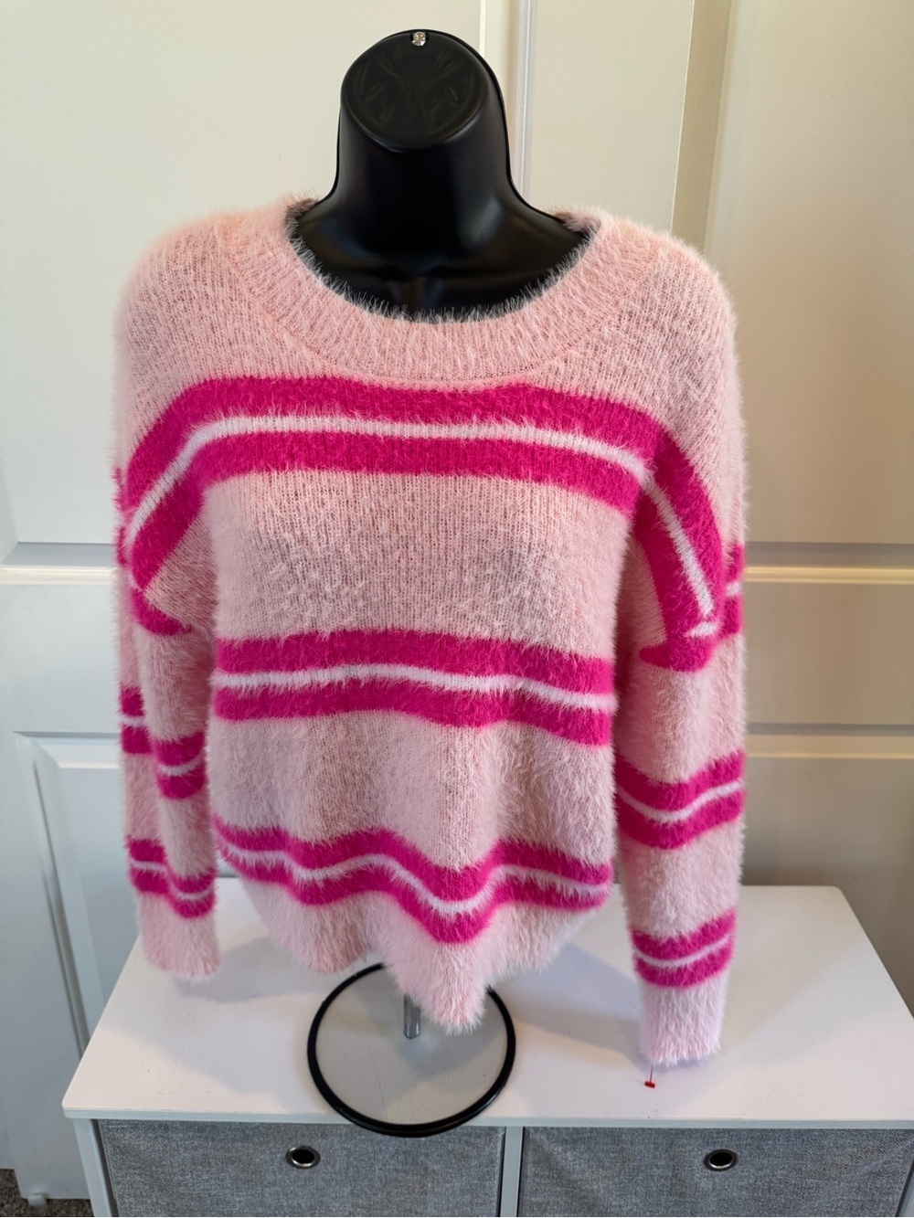 No Boundaries Pink Fuzzy Crewneck Sweater with Hot Pink Stripes